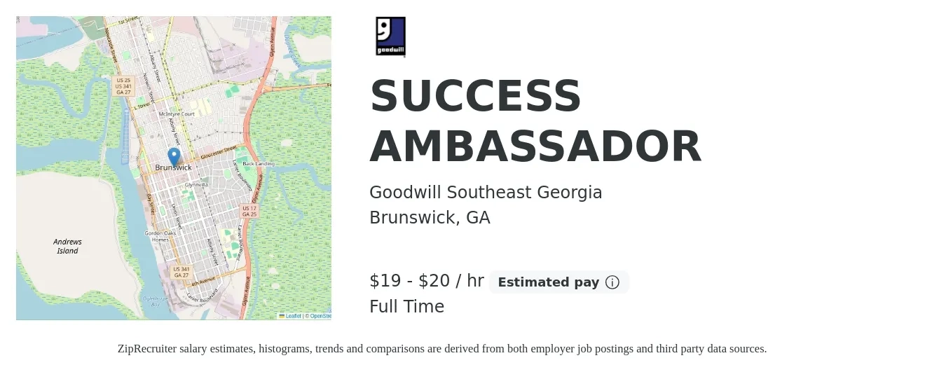 Goodwill Southeast Georgia job posting for a SUCCESS AMBASSADOR in Brunswick, GA with a salary of $20 to $21 Hourly with a map of Brunswick location.