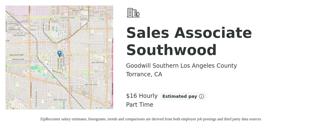 Goodwill Southern Los Angeles County job posting for a Sales Associate Southwood in Torrance, CA with a salary of $17 Hourly with a map of Torrance location.