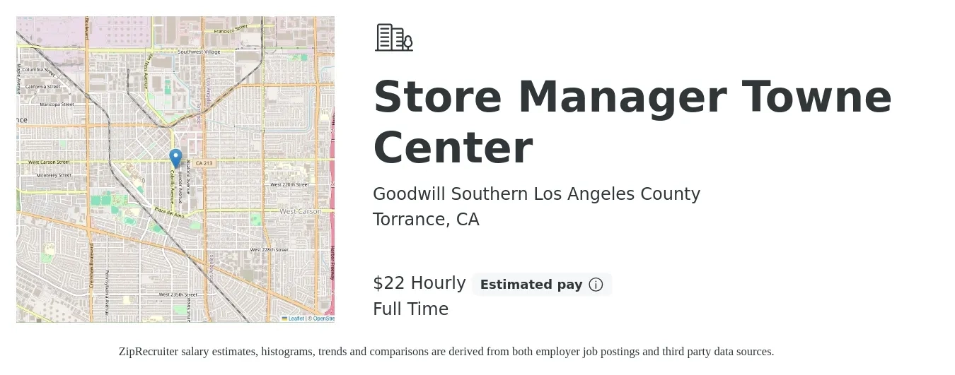 Goodwill Southern Los Angeles County job posting for a Store Manager Towne Center in Torrance, CA with a salary of $24 Hourly with a map of Torrance location.