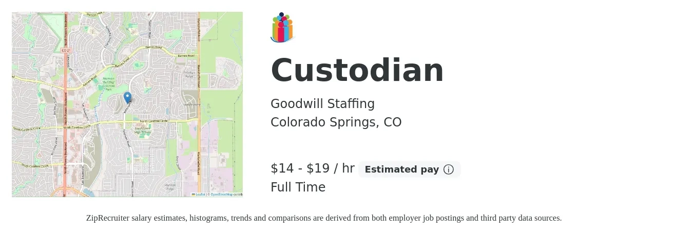 Goodwill Staffing job posting for a Custodian in Colorado Springs, CO with a salary of $15 to $20 Hourly with a map of Colorado Springs location.