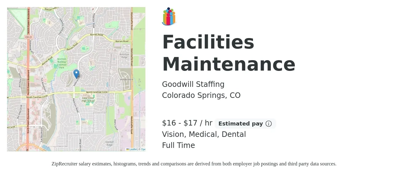 Goodwill Staffing job posting for a Facilities Maintenance in Colorado Springs, CO with a salary of $17 to $18 Hourly and benefits including vision, dental, life_insurance, medical, pto, and retirement with a map of Colorado Springs location.