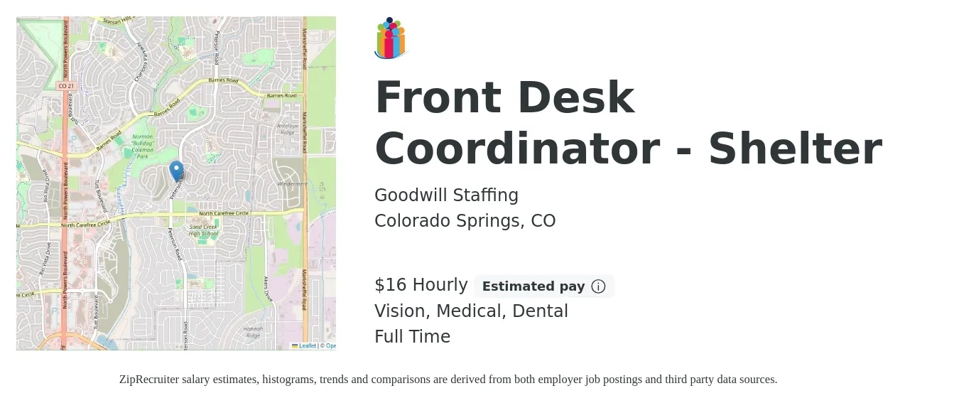 Goodwill Staffing job posting for a Front Desk Coordinator - Shelter in Colorado Springs, CO with a salary of $17 Hourly and benefits including vision, dental, life_insurance, medical, pto, and retirement with a map of Colorado Springs location.