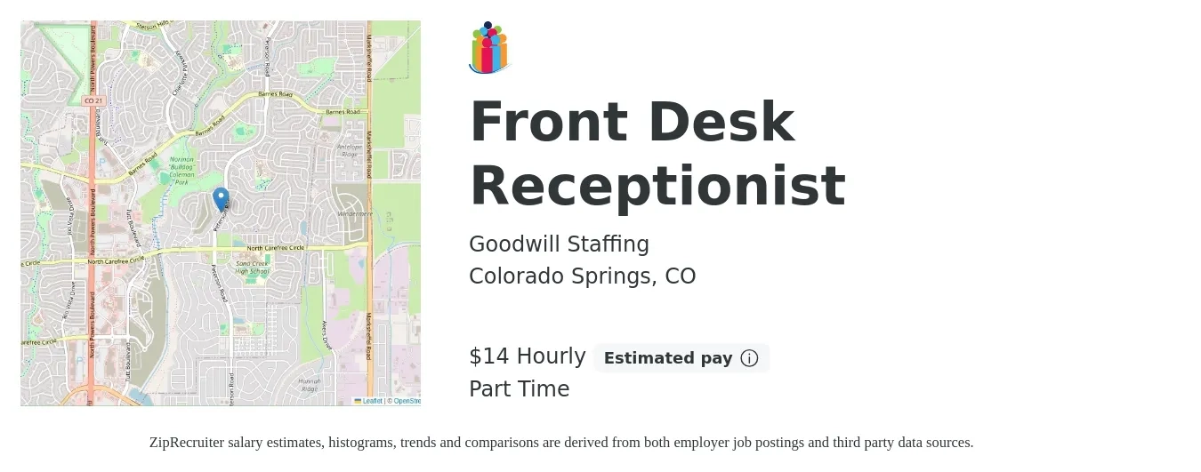 Goodwill Staffing job posting for a Front Desk Receptionist in Colorado Springs, CO with a salary of $16 Hourly with a map of Colorado Springs location.