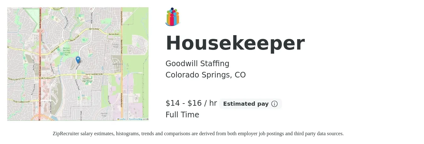 Goodwill Staffing job posting for a Housekeeper in Colorado Springs, CO with a salary of $15 to $17 Hourly with a map of Colorado Springs location.