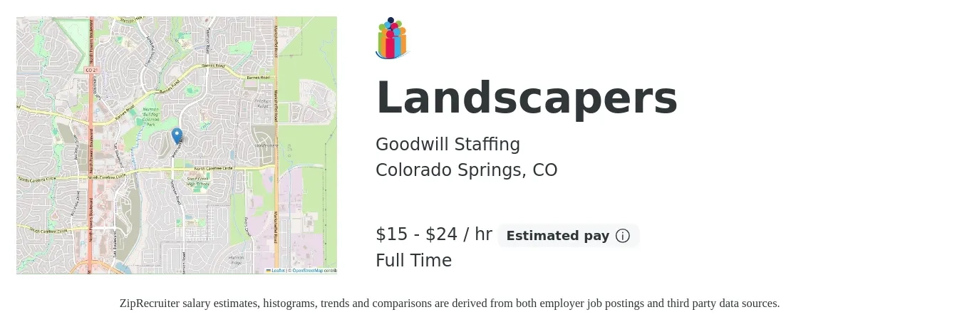 Goodwill Staffing job posting for a Landscapers in Colorado Springs, CO with a salary of $16 to $25 Hourly with a map of Colorado Springs location.