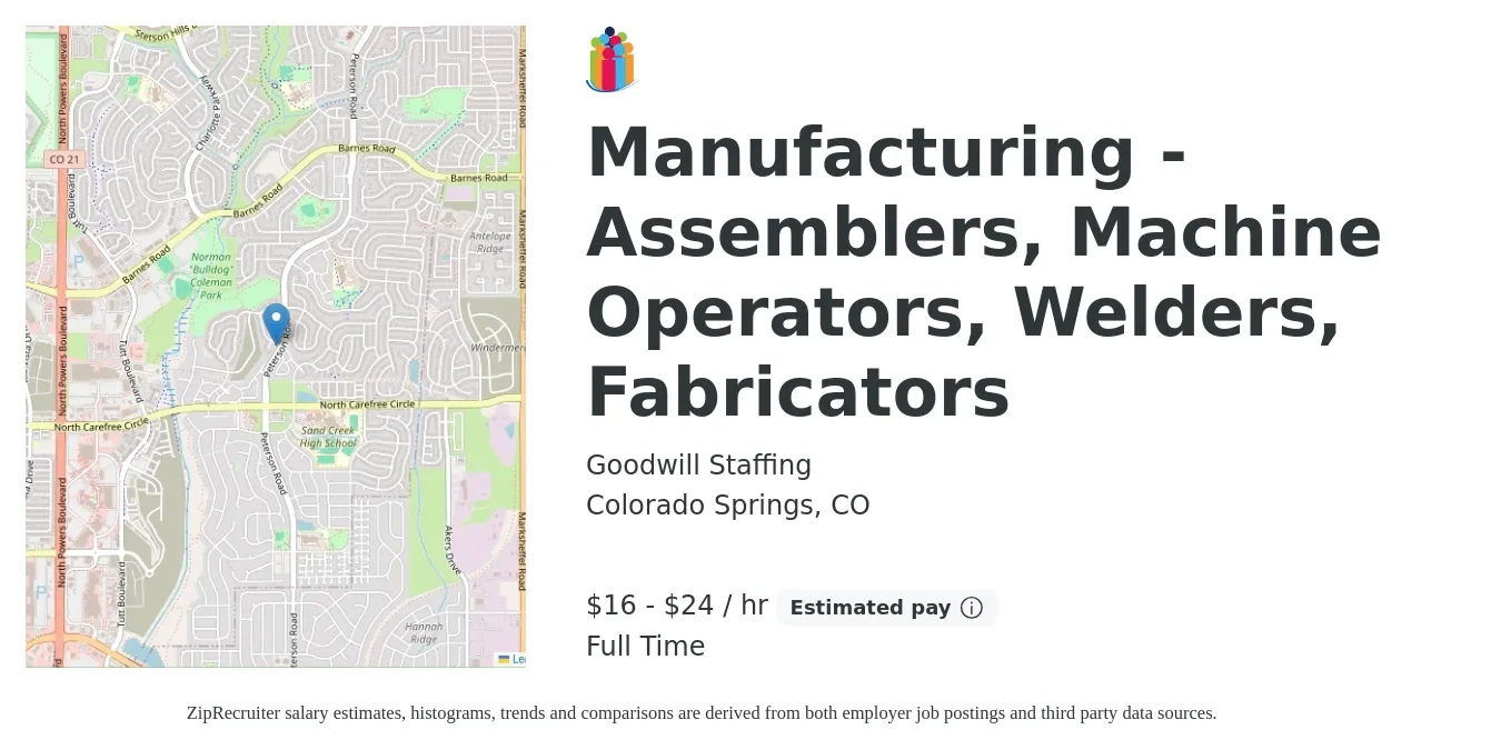 Goodwill Staffing job posting for a Manufacturing - Assemblers, Machine Operators, Welders, Fabricators in Colorado Springs, CO with a salary of $17 to $25 Hourly with a map of Colorado Springs location.