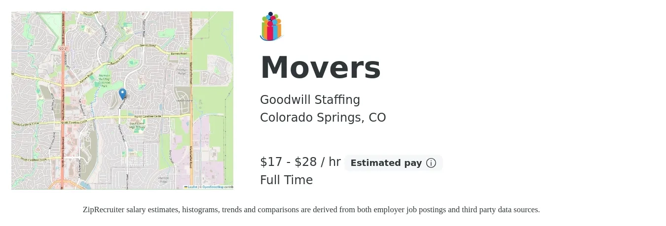 Goodwill Staffing job posting for a Movers in Colorado Springs, CO with a salary of $18 to $30 Hourly with a map of Colorado Springs location.