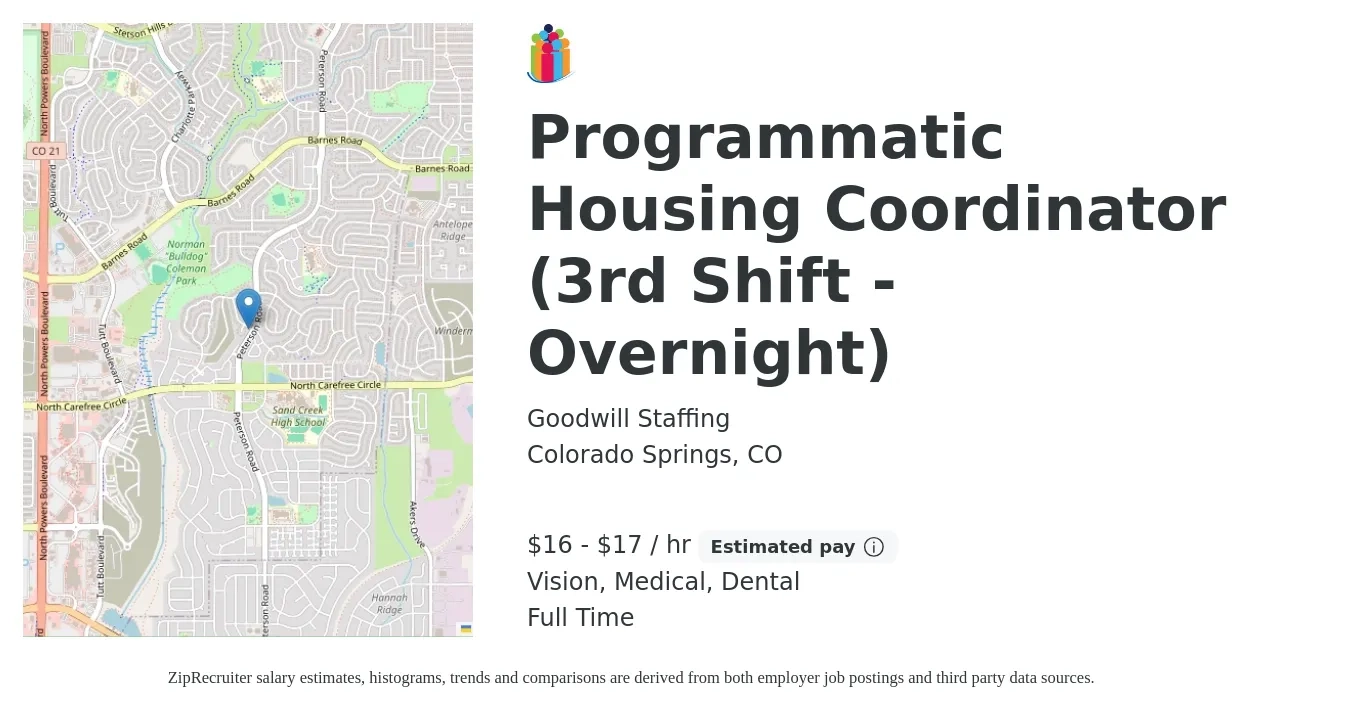 Goodwill Staffing job posting for a Programmatic Housing Coordinator (3rd Shift - Overnight) in Colorado Springs, CO with a salary of $17 to $18 Hourly and benefits including dental, life_insurance, medical, pto, retirement, and vision with a map of Colorado Springs location.