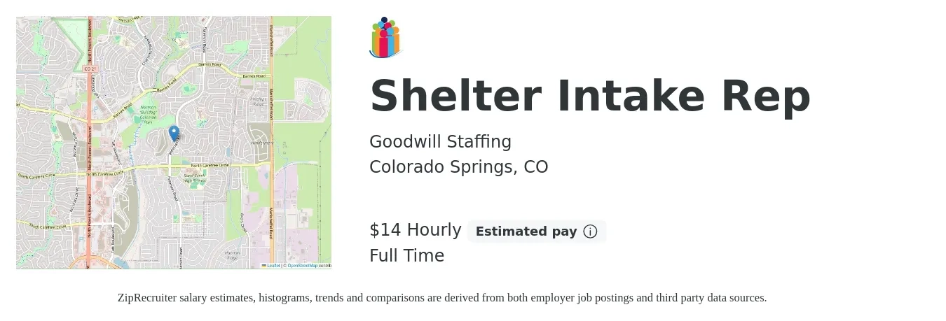 Goodwill Staffing job posting for a Shelter Intake Rep in Colorado Springs, CO with a salary of $15 Hourly with a map of Colorado Springs location.