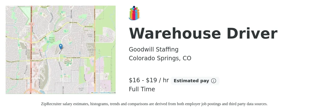Goodwill Staffing job posting for a Warehouse Driver in Colorado Springs, CO with a salary of $17 to $20 Hourly with a map of Colorado Springs location.