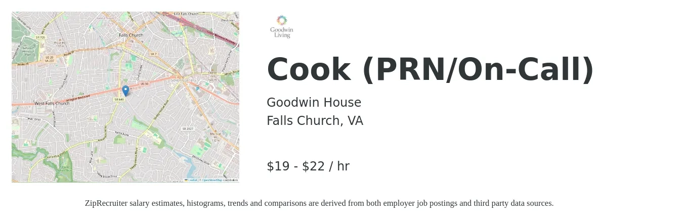Goodwin House job posting for a Cook (PRN/On-Call) in Falls Church, VA with a salary of $20 to $23 Hourly with a map of Falls Church location.