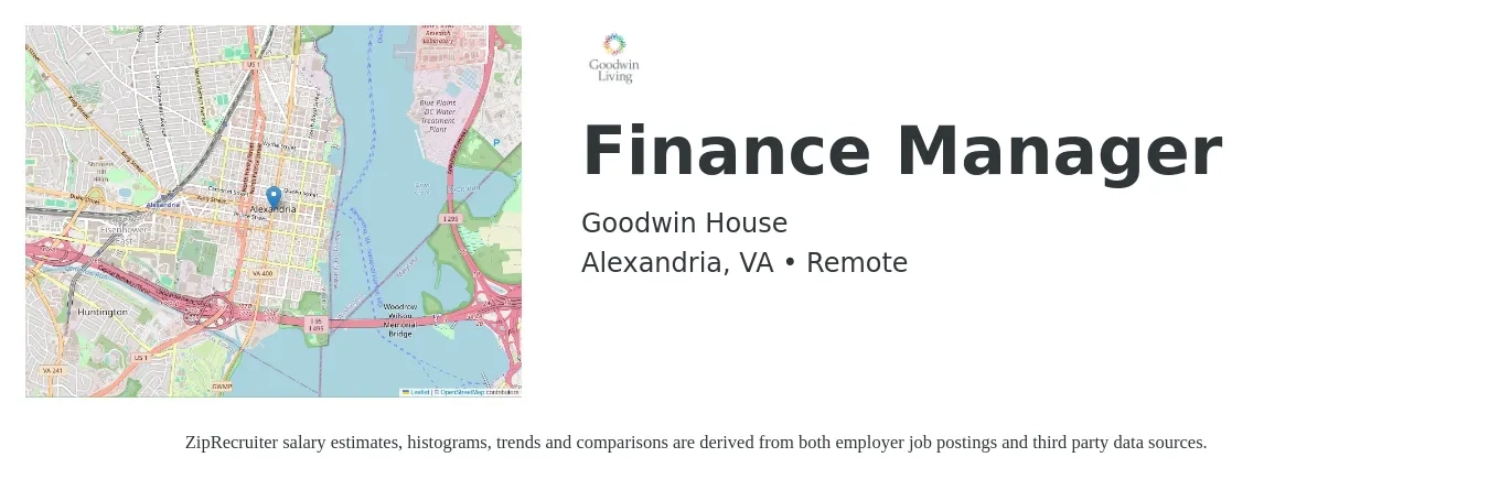 Goodwin House job posting for a Finance Manager in Alexandria, VA with a salary of $95,600 to $170,000 Yearly with a map of Alexandria location.