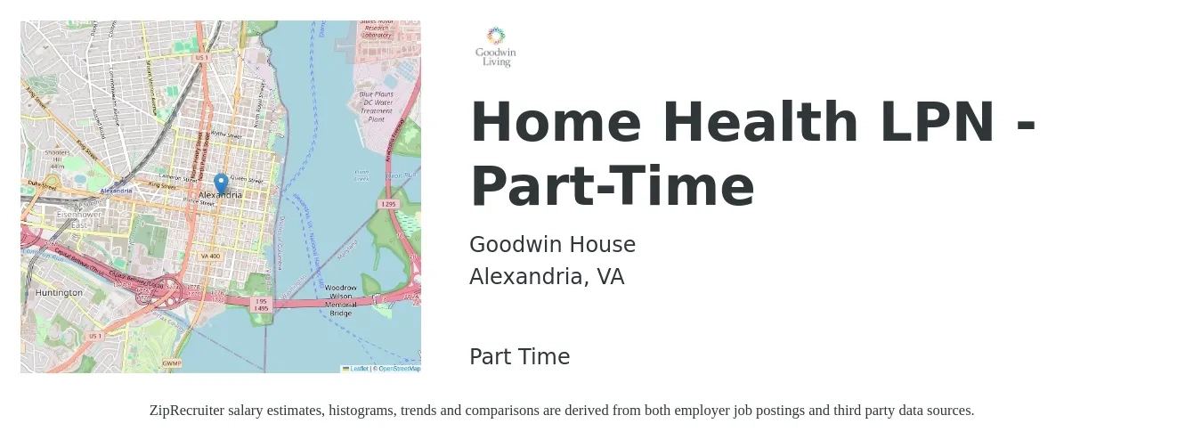 Goodwin House job posting for a Home Health LPN - Part-Time in Alexandria, VA with a salary of $26 to $35 Hourly with a map of Alexandria location.