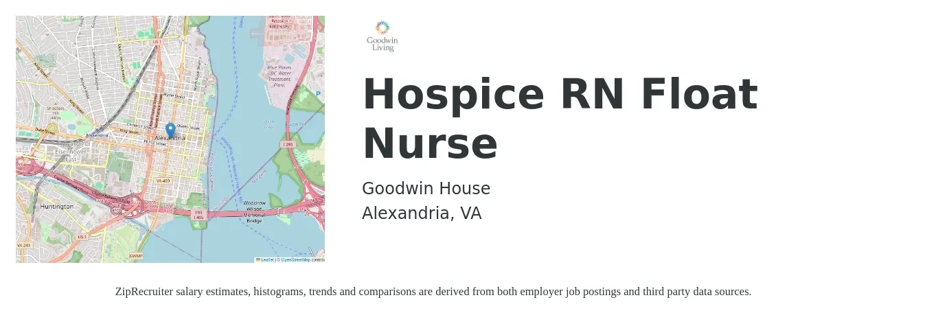 Goodwin House job posting for a Hospice RN Float Nurse in Alexandria, VA with a salary of $36 to $55 Hourly with a map of Alexandria location.