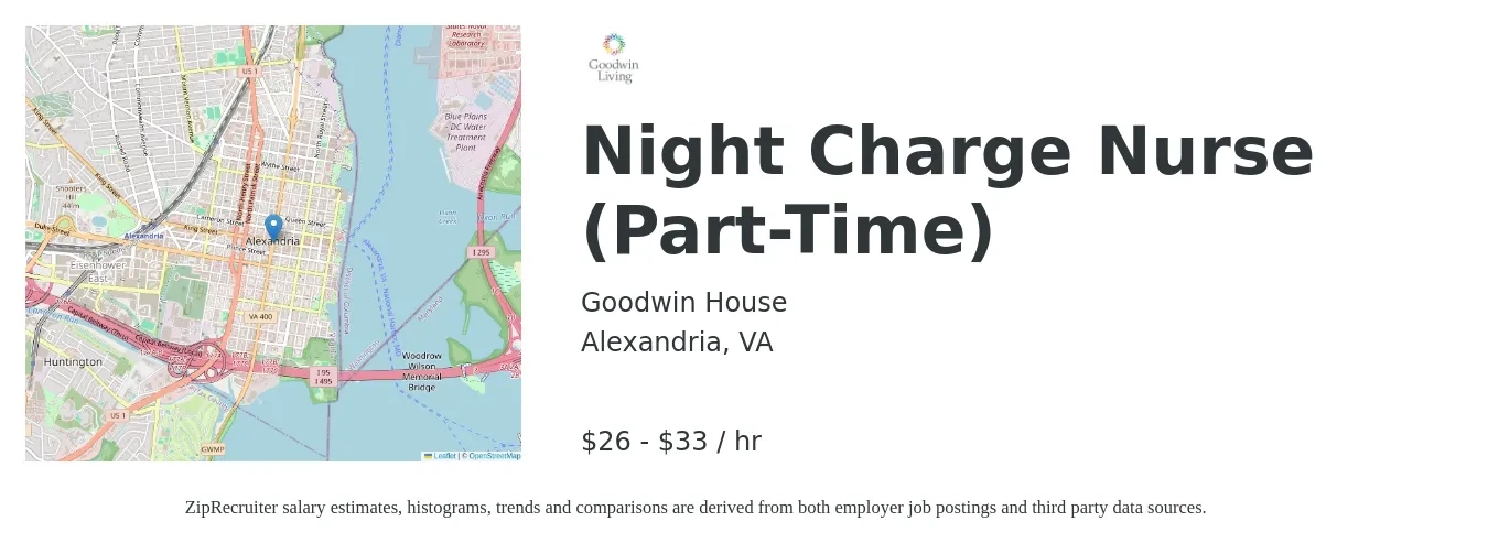 Goodwin House job posting for a Night Charge Nurse (Part-Time) in Alexandria, VA with a salary of $28 to $35 Hourly with a map of Alexandria location.