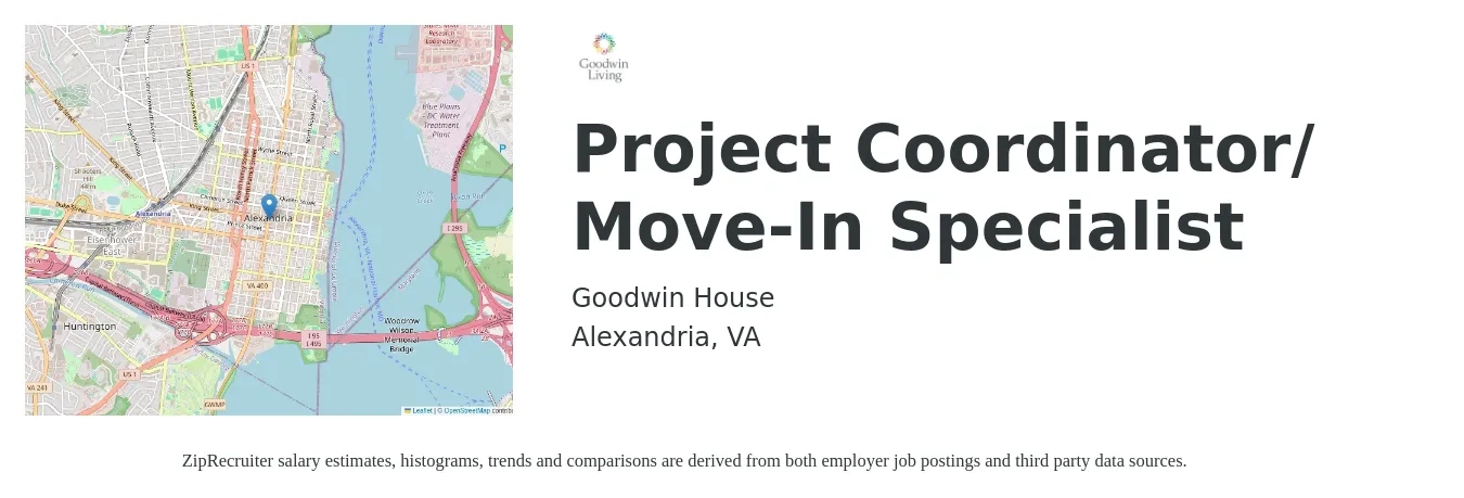 Goodwin House job posting for a Project Coordinator/ Move-In Specialist in Alexandria, VA with a salary of $30 to $46 Hourly with a map of Alexandria location.