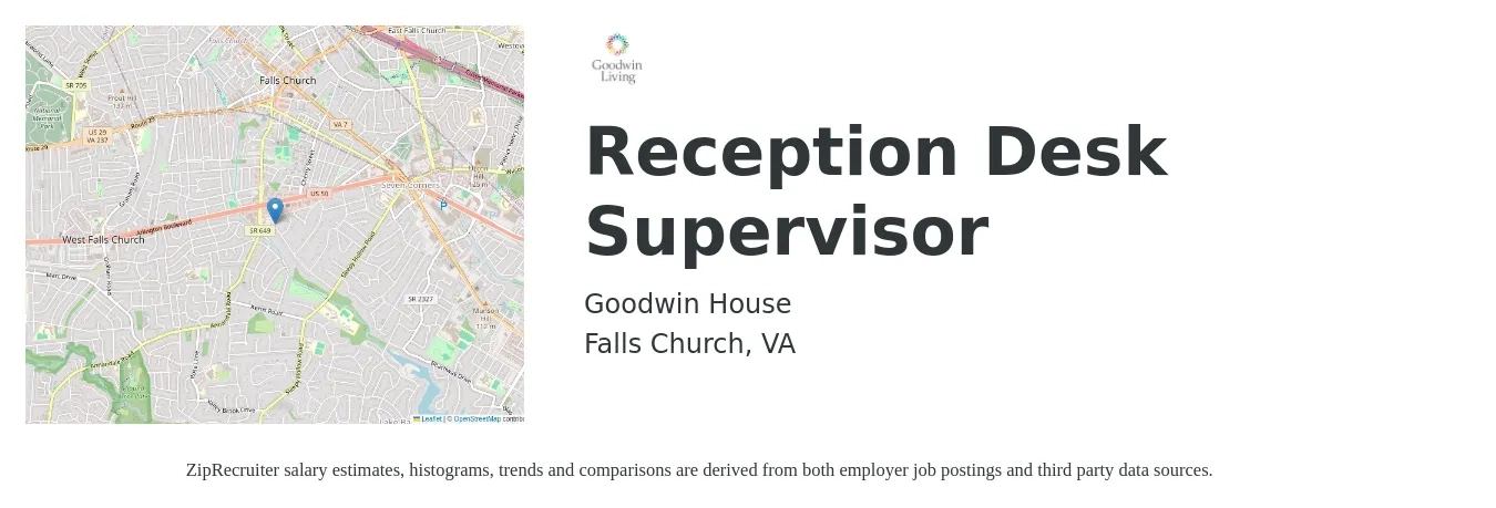 Goodwin House job posting for a Reception Desk Supervisor in Falls Church, VA with a salary of $3,000 Weekly with a map of Falls Church location.