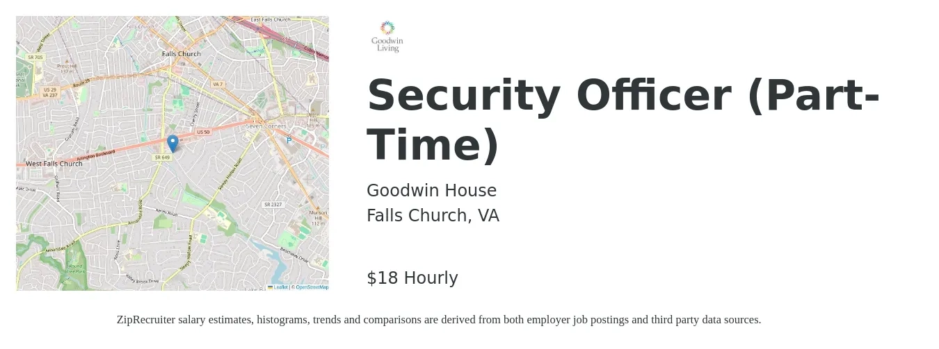 Goodwin House job posting for a Security Officer (Part-Time) in Falls Church, VA with a salary of $19 Hourly with a map of Falls Church location.