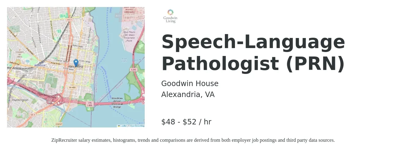 Goodwin House job posting for a Speech-Language Pathologist (PRN) in Alexandria, VA with a salary of $50 to $55 Hourly with a map of Alexandria location.