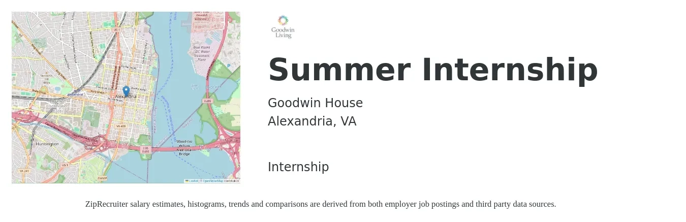 Goodwin House job posting for a Summer Internship in Alexandria, VA with a salary of $15 to $18 Hourly with a map of Alexandria location.