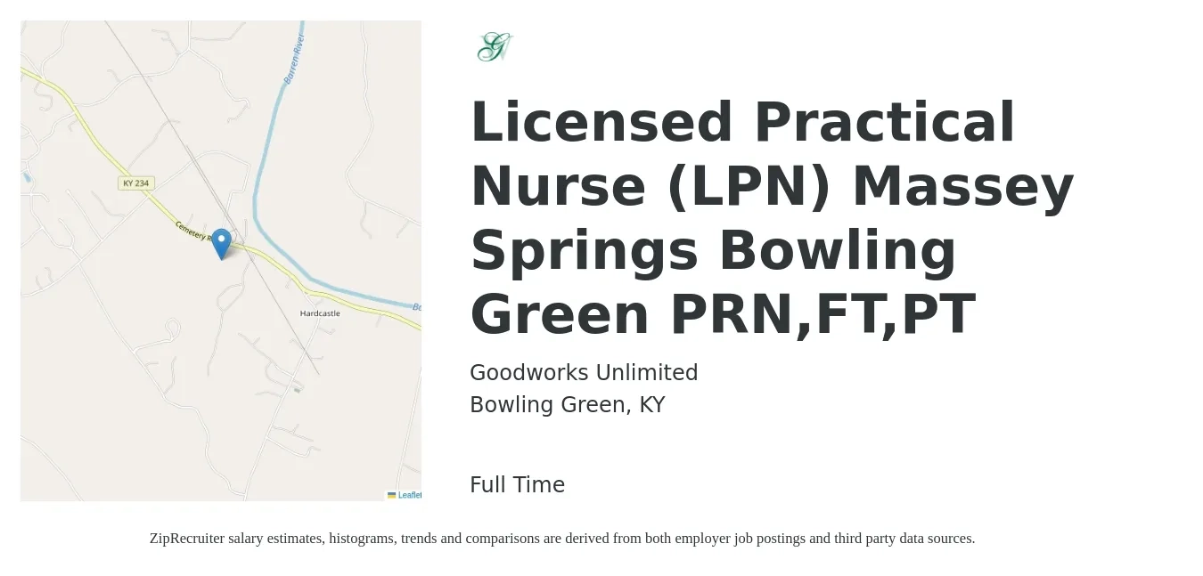 Goodworks Unlimited job posting for a Licensed Practical Nurse (LPN) Massey Springs Bowling Green PRN,FT,PT in Bowling Green, KY with a salary of $22 to $30 Hourly with a map of Bowling Green location.