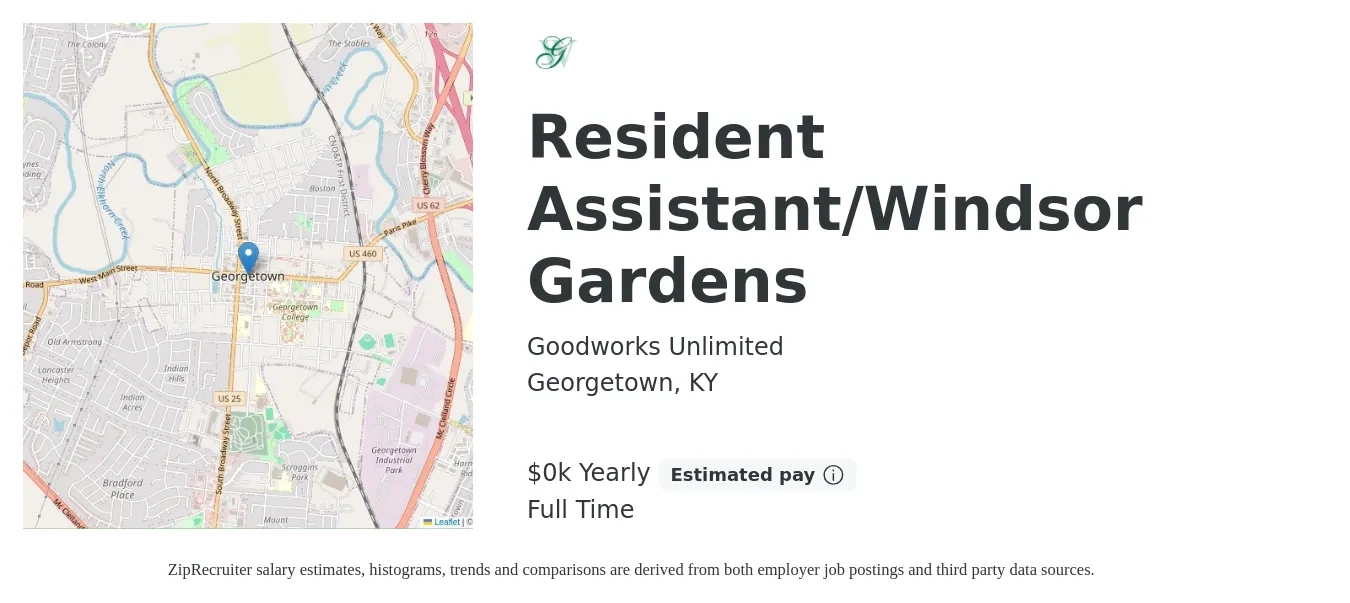 Goodworks Unlimited job posting for a Resident Assistant/Windsor Gardens in Georgetown, KY with a salary of $14 to $16 Yearly with a map of Georgetown location.