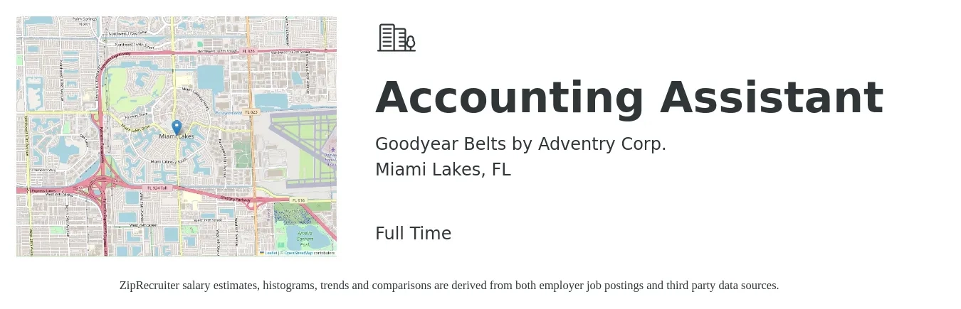 Goodyear Belts by Adventry Corp. job posting for a Accounting Assistant in Miami Lakes, FL with a salary of $18 to $23 Hourly with a map of Miami Lakes location.