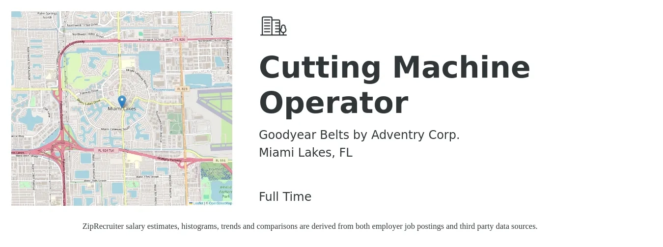 Goodyear Belts by Adventry Corp. job posting for a Cutting Machine Operator in Miami Lakes, FL with a salary of $15 to $19 Hourly with a map of Miami Lakes location.
