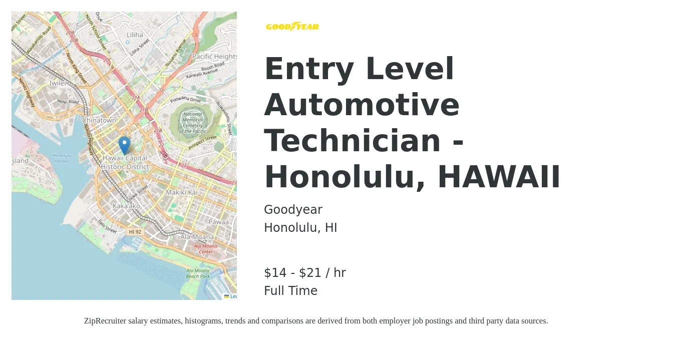 Goodyear job posting for a Entry Level Automotive Technician - Honolulu, HAWAII in Honolulu, HI with a salary of $15 to $22 Hourly with a map of Honolulu location.