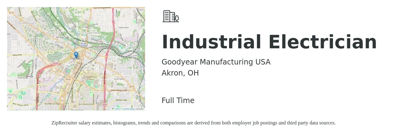 Goodyear Manufacturing USA job posting for a Industrial Electrician in Akron, OH with a salary of $37 Hourly with a map of Akron location.