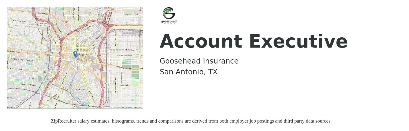 Goosehead Insurance job posting for a Account Executive in San Antonio, TX with a salary of $65,000 to $100,000 Yearly (plus commission) and benefits including vision, dental, life_insurance, medical, and retirement with a map of San Antonio location.