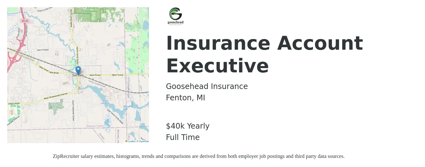 Goosehead Insurance job posting for a Insurance Account Executive in Fenton, MI with a salary of $40,000 Yearly with a map of Fenton location.