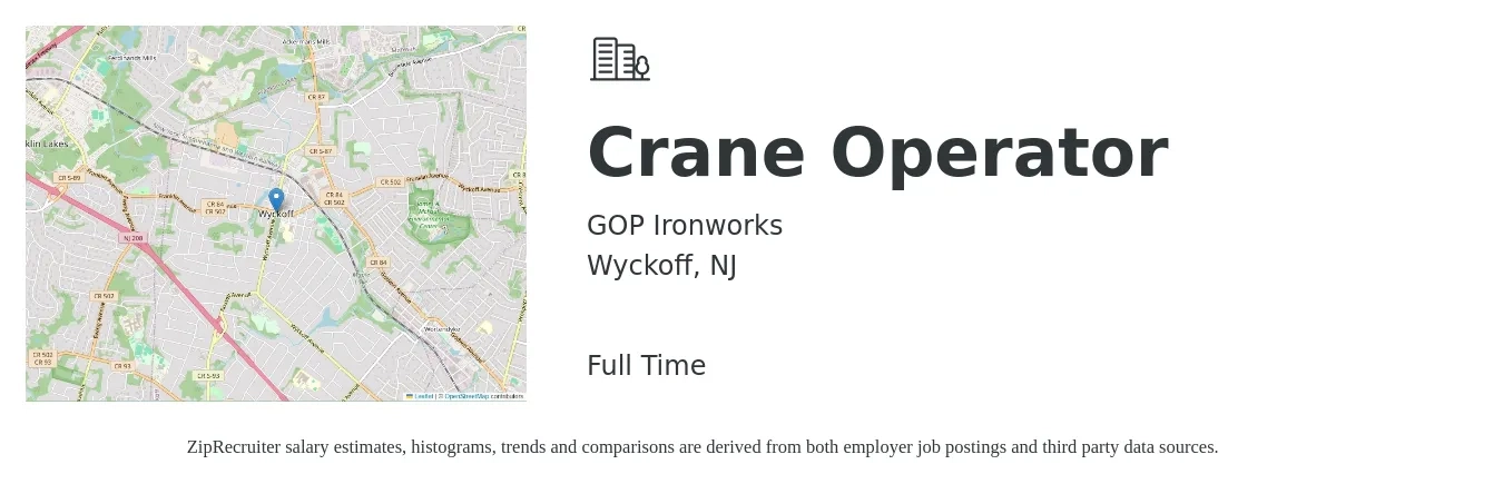 GOP Ironworks job posting for a Crane Operator in Wyckoff, NJ with a salary of $23 to $36 Hourly with a map of Wyckoff location.