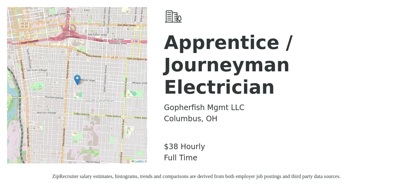 Gopherfish Mgmt LLC job posting for a Apprentice / Journeyman Electrician in Columbus, OH with a salary of $40 Hourly with a map of Columbus location.