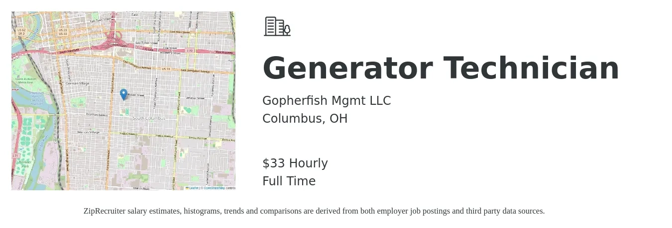 Gopherfish Mgmt LLC job posting for a Generator Technician in Columbus, OH with a salary of $35 Hourly with a map of Columbus location.