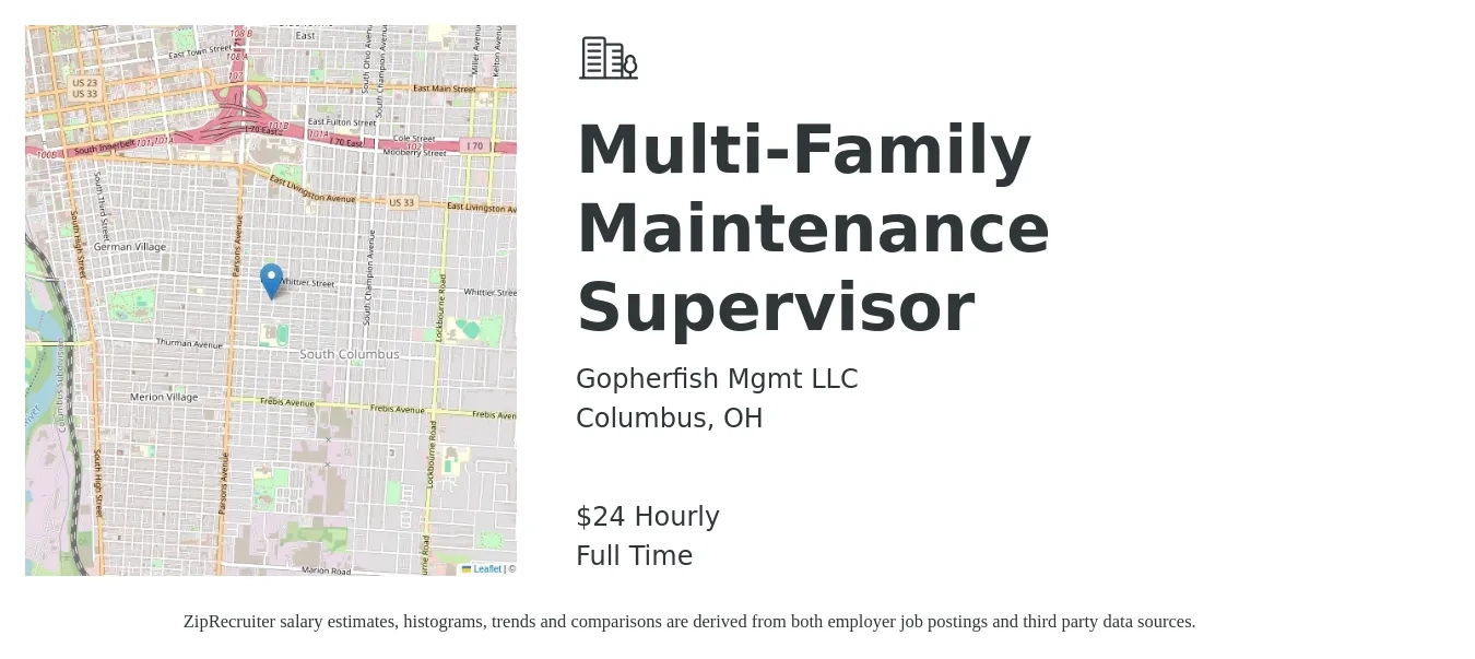Gopherfish Mgmt LLC job posting for a Multi-Family Maintenance Supervisor in Columbus, OH with a salary of $25 Hourly with a map of Columbus location.