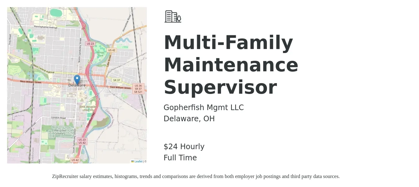 Gopherfish Mgmt LLC job posting for a Multi-Family Maintenance Supervisor in Delaware, OH with a salary of $25 Hourly with a map of Delaware location.