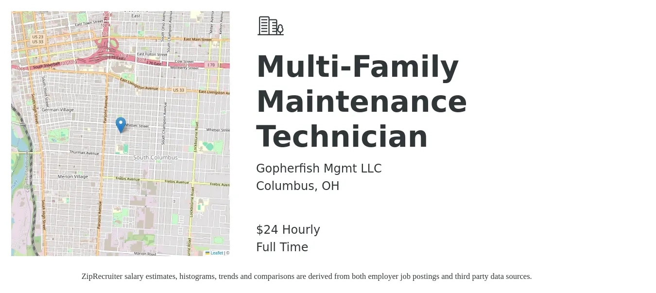 Gopherfish Mgmt LLC job posting for a Multi-Family Maintenance Technician in Columbus, OH with a salary of $25 Hourly with a map of Columbus location.