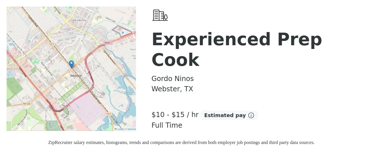 Gordo Ninos job posting for a Experienced Prep Cook in Webster, TX with a salary of $11 to $16 Hourly with a map of Webster location.