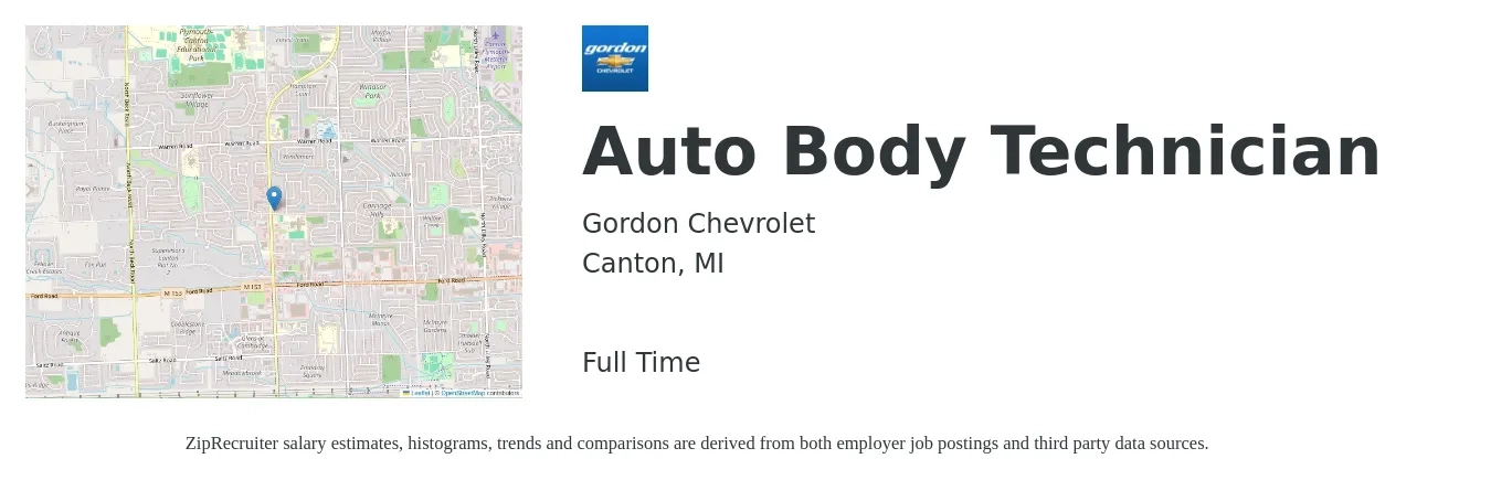 Gordon Chevrolet job posting for a Auto Body Technician in Canton, MI with a salary of $19 to $31 Hourly with a map of Canton location.