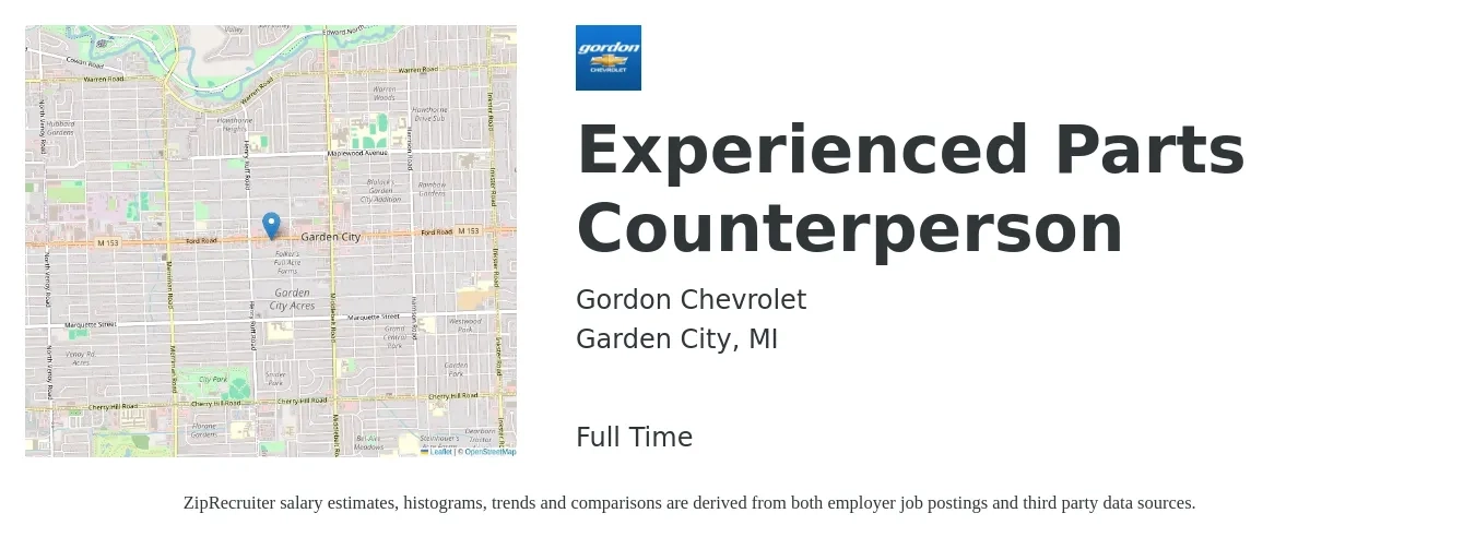 Gordon Chevrolet job posting for a Experienced Parts Counterperson in Garden City, MI with a salary of $17 to $23 Hourly with a map of Garden City location.