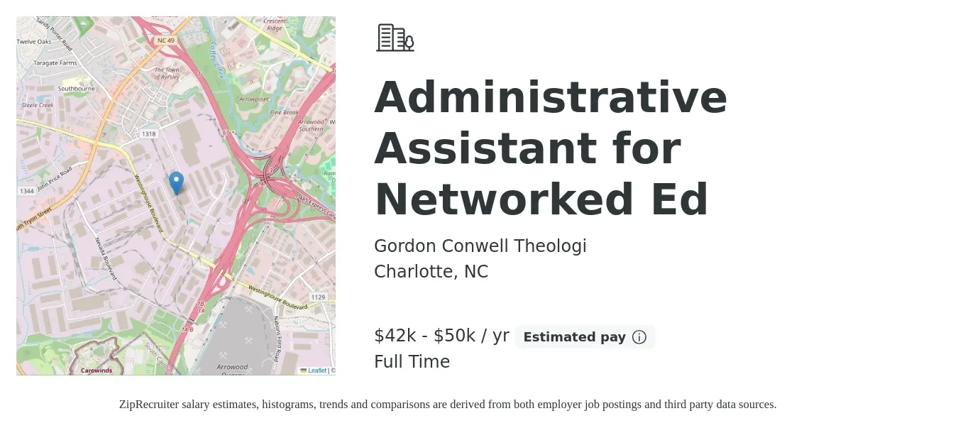 Gordon Conwell Theologi job posting for a Administrative Assistant for Networked Ed in Charlotte, NC with a salary of $42,000 to $50,000 Yearly with a map of Charlotte location.