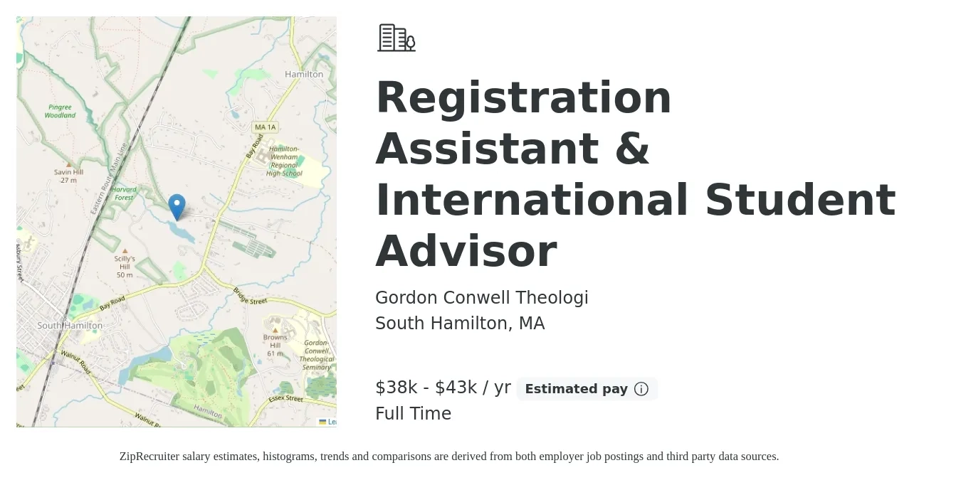 Gordon Conwell Theologi job posting for a Registration Assistant & International Student Advisor in South Hamilton, MA with a salary of $38,000 to $43,000 Yearly with a map of South Hamilton location.