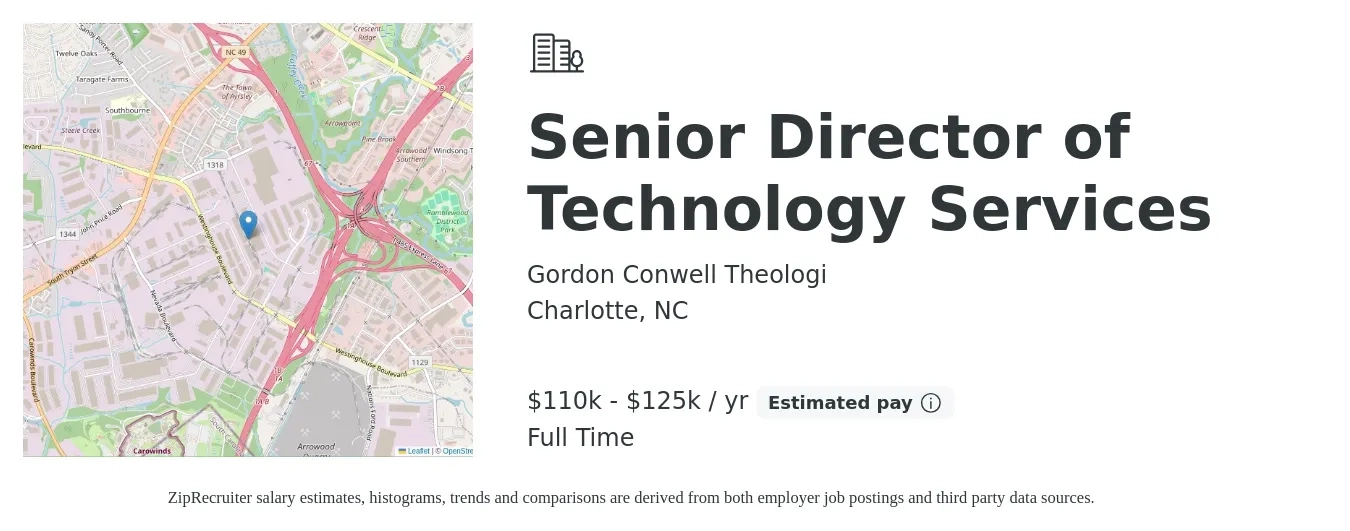 Gordon Conwell Theologi job posting for a Senior Director of Technology Services in Charlotte, NC with a salary of $110,000 to $125,000 Yearly with a map of Charlotte location.