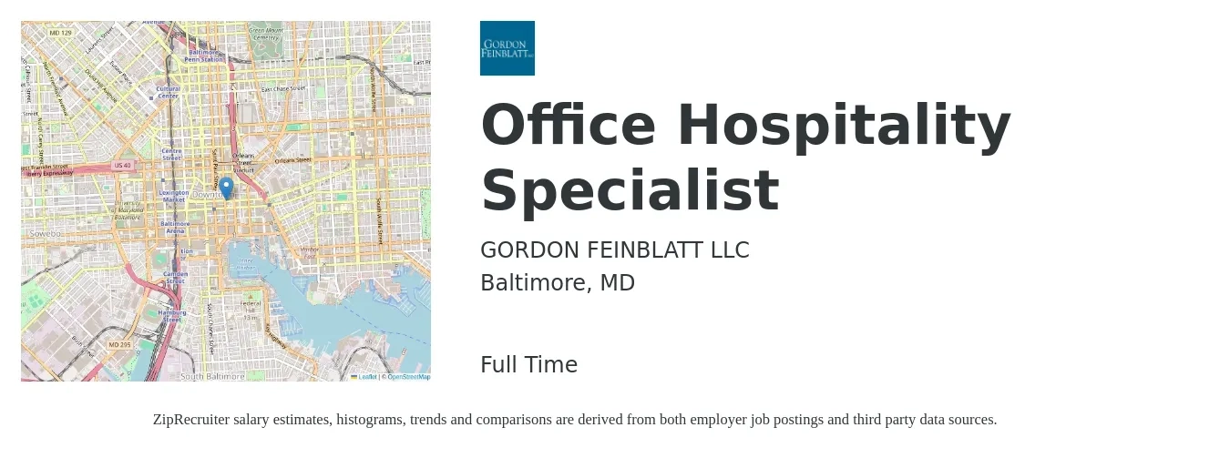 Gordon Feinblatt LLC job posting for a Office Hospitality Specialist in Baltimore, MD with a salary of $16 to $24 Hourly with a map of Baltimore location.