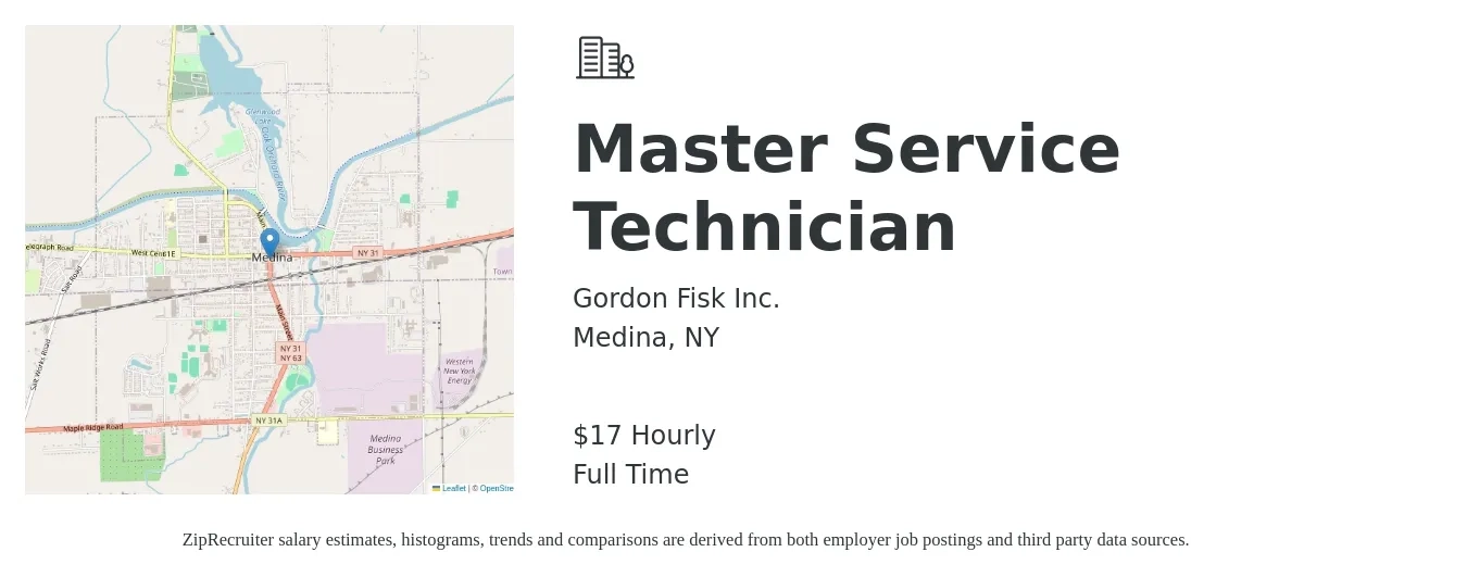 Gordon Fisk Inc. job posting for a Master Service Technician in Medina, NY with a salary of $18 Hourly with a map of Medina location.