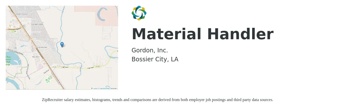Gordon, Inc. job posting for a Material Handler in Bossier City, LA with a salary of $13 to $15 Hourly with a map of Bossier City location.