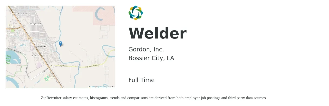 Gordon, Inc. job posting for a Welder in Bossier City, LA with a salary of $15 to $20 Hourly with a map of Bossier City location.