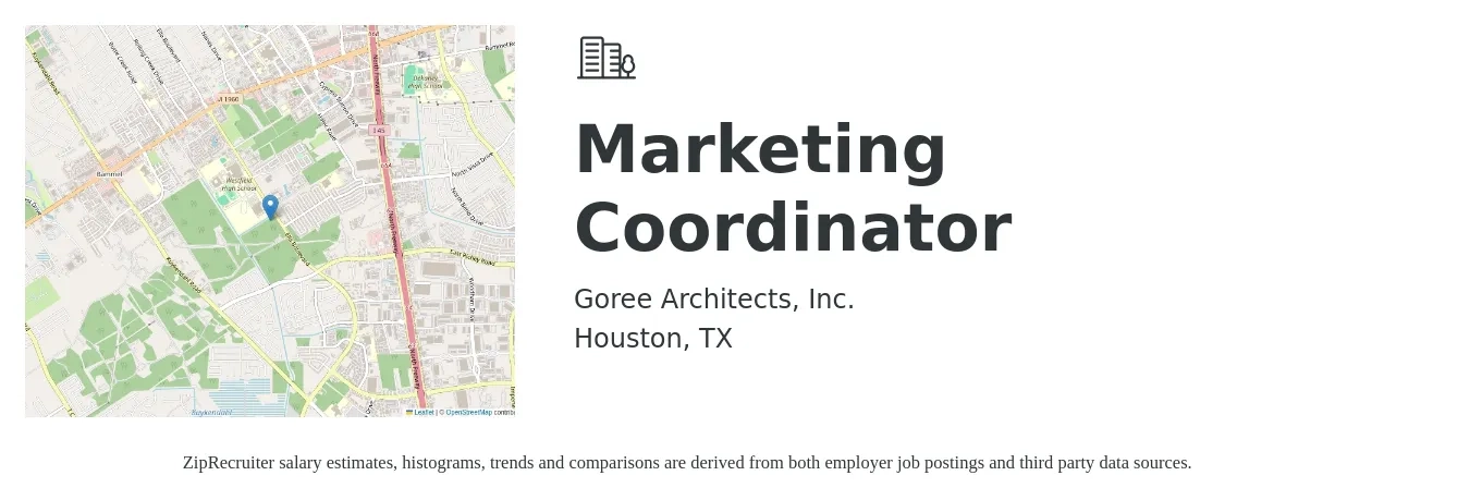 Goree Architects, Inc. job posting for a Marketing Coordinator in Houston, TX with a salary of $39,700 to $54,600 Yearly with a map of Houston location.