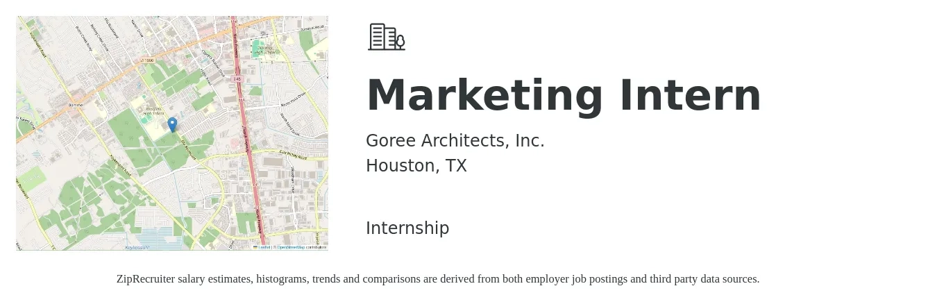 Goree Architects, Inc. job posting for a Marketing Intern in Houston, TX with a salary of $14 to $19 Hourly with a map of Houston location.